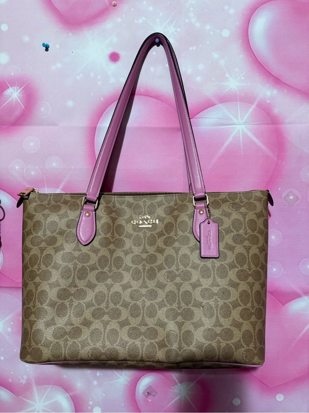 Coach Brown Signature Tote with Pink Leather Handles